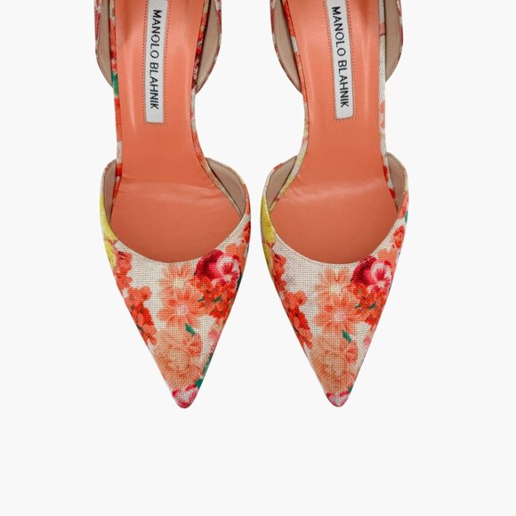 Manolo Blahnik Tayler Orange Floral Fabric D’Orsay Pumps Heels Size 40 US 10 - Picture 3 of 13